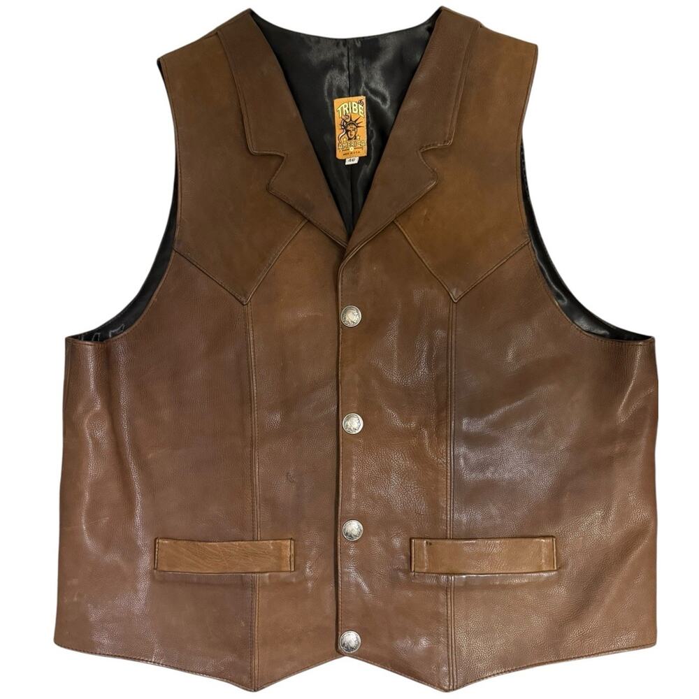 Tribe America Leather Vest Mens Size 46 Brown Buffalo Nickel Snaps Lined USA